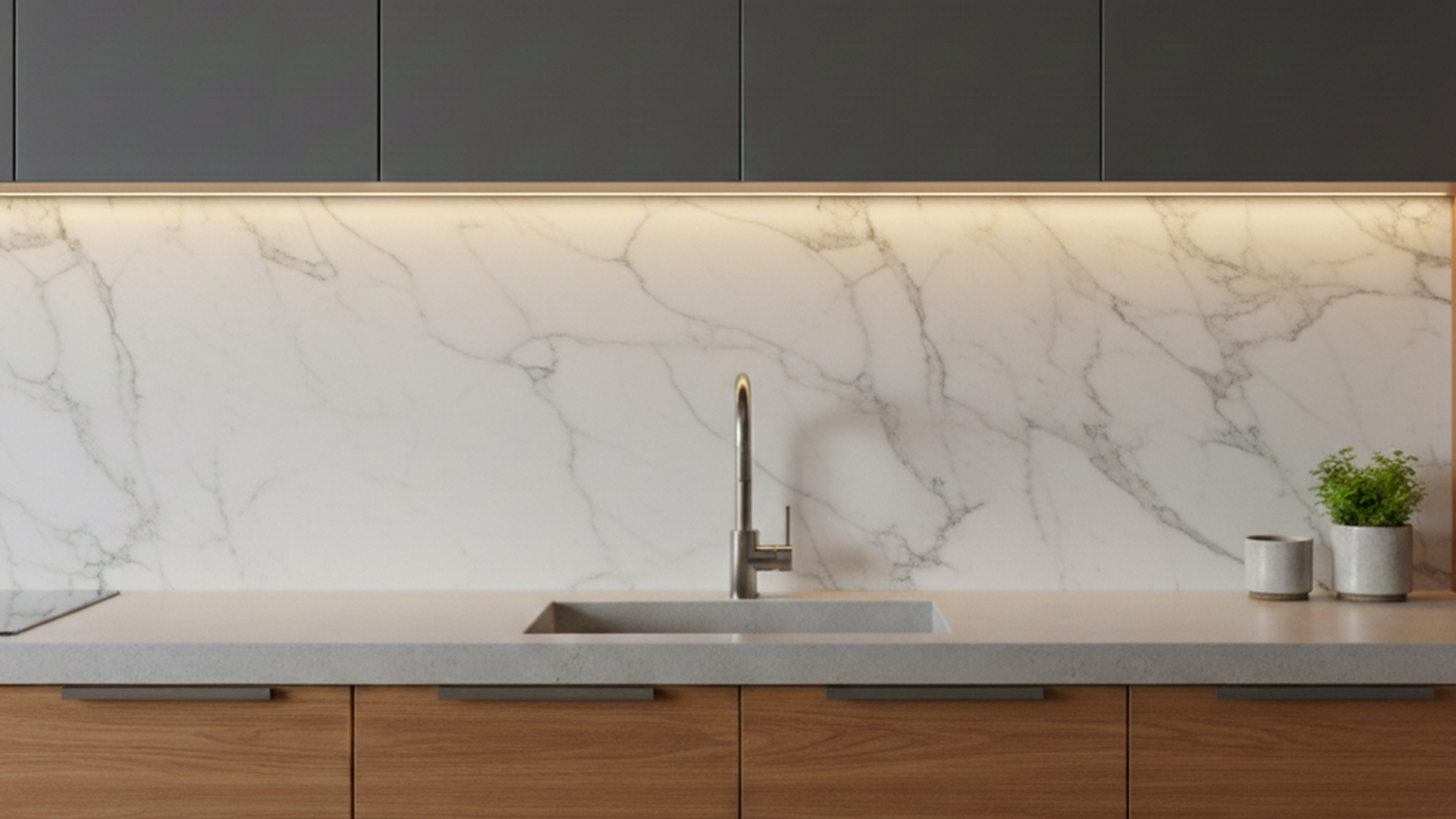 Contemporary kitchen featuring a white marble slab backsplash, dark gray upper cabinets with LED under-cabinet lighting, and wood grain lower cabinets.