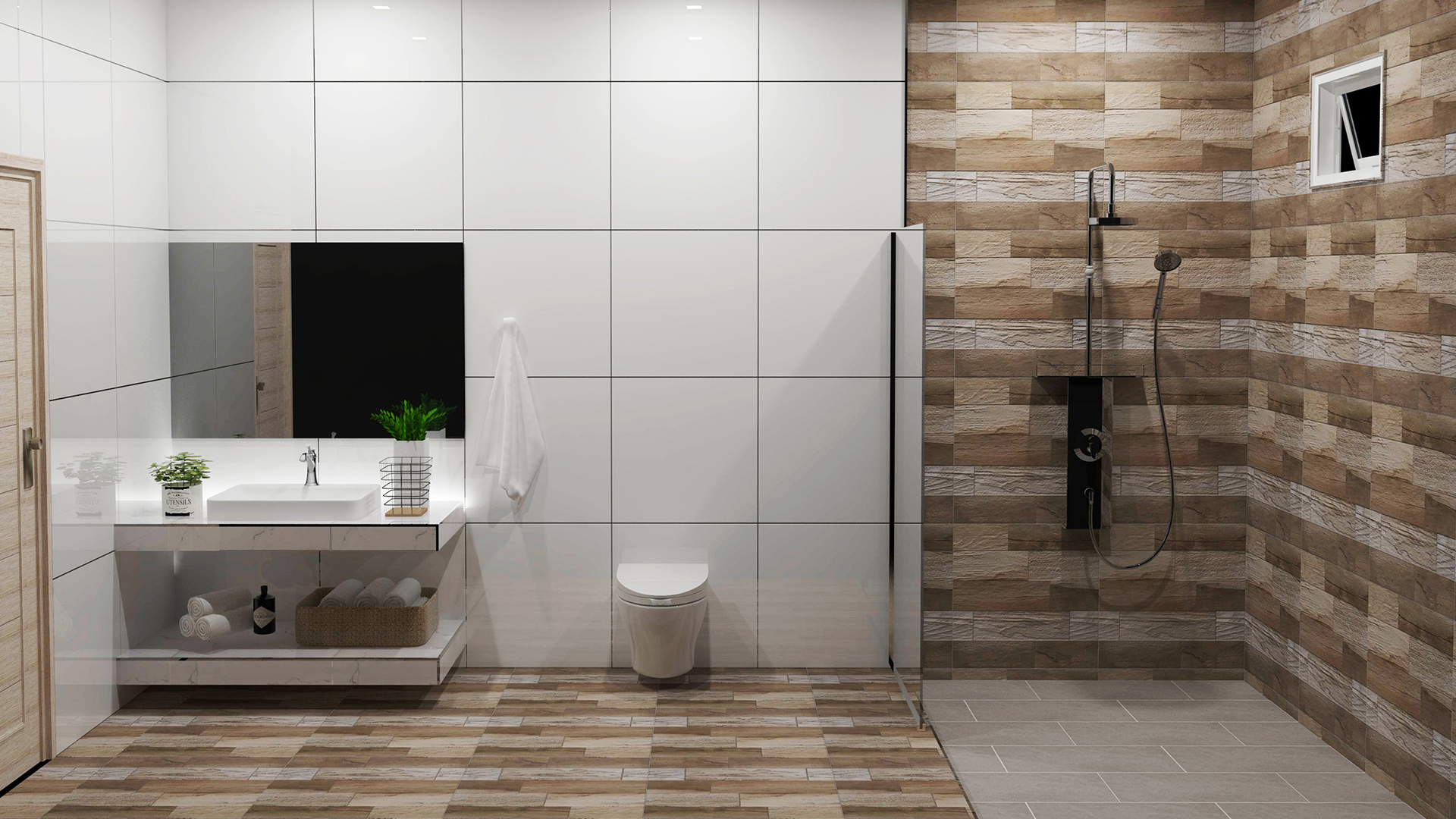 Modern bathroom remodel featuring large white wall tiles, a wood-look tile shower, and a marble floating vanity with an open shelf.