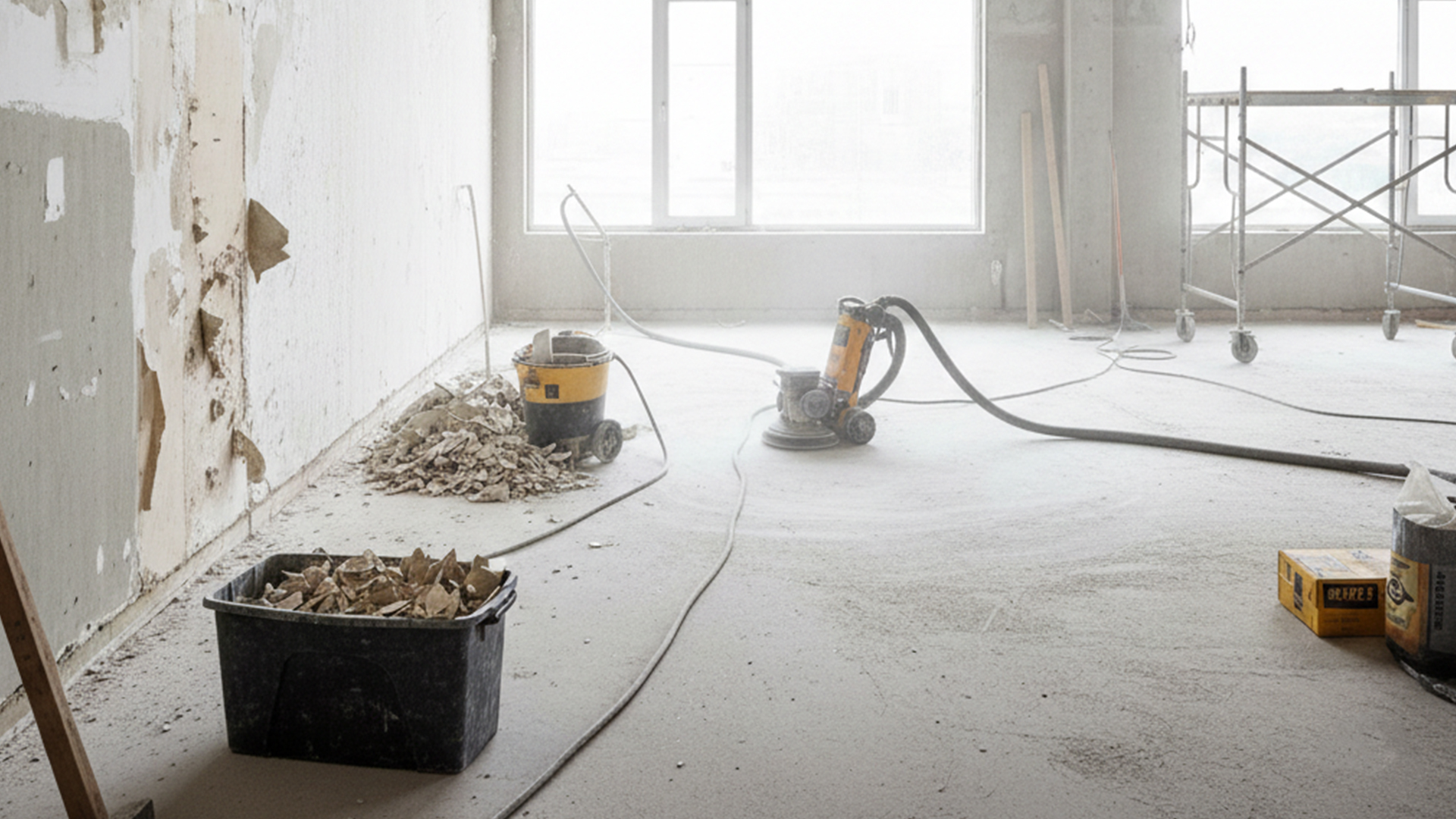 Construction site showing interior demolition, debris removal, and floor grinding preparation with industrial vacuum equipment.